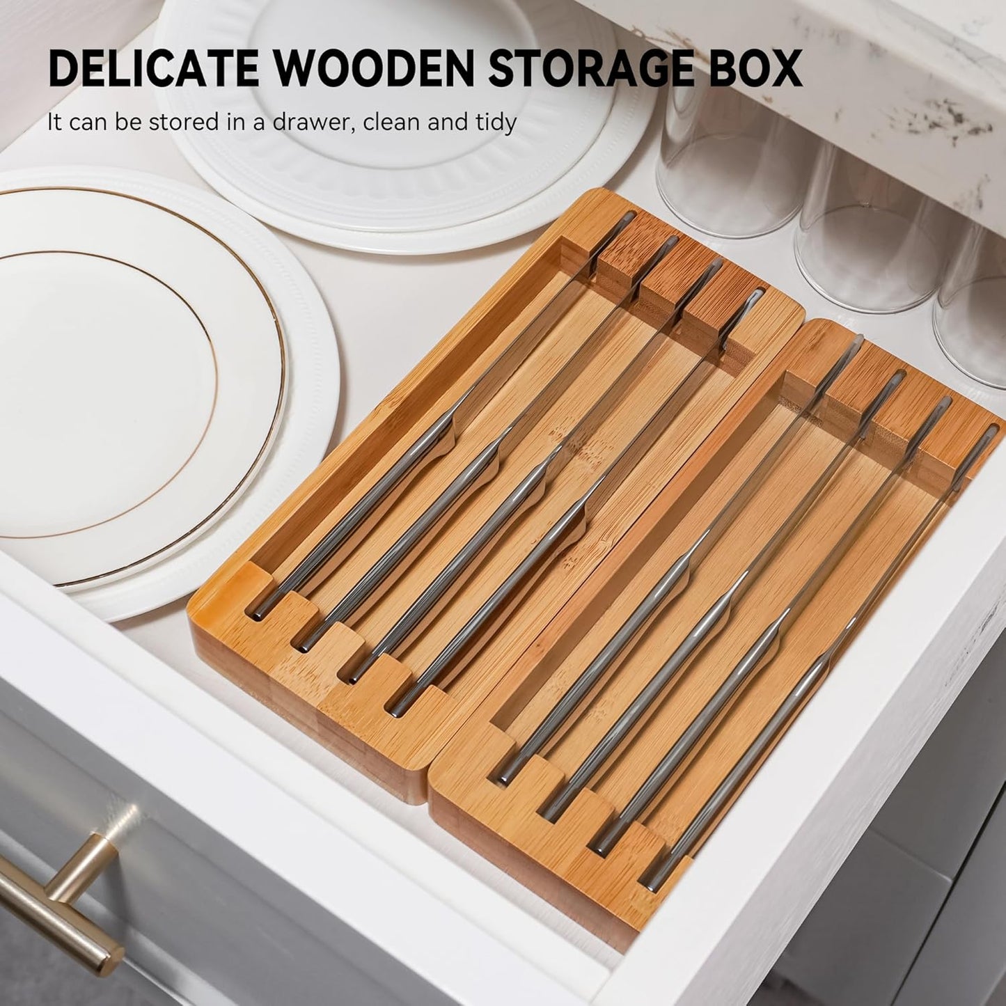 Steak Knife Set of 12 with Block Holder, Serrated Steak Knife with Bamboo Storage Box Drawer Insert Organizer, Dishwasher Safe, Silver