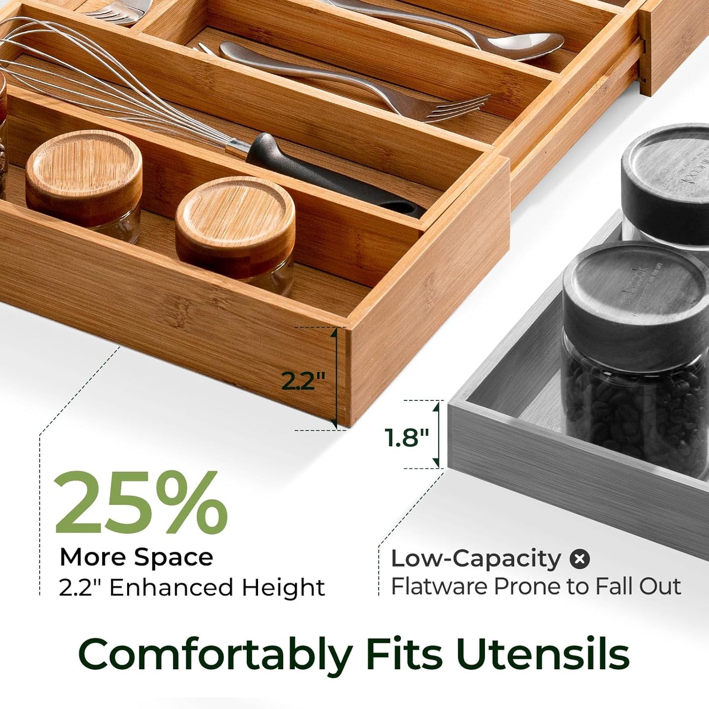 Carbonized Bamboo Kitchen Drawer Organizer, 10 Slots Expandable Silverware Organizer