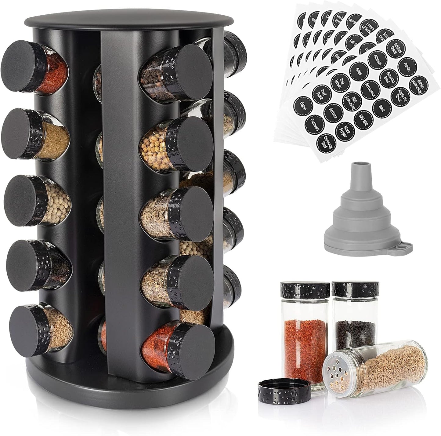 Black Countertop Rotating Spice Rack, Round Empty 20-Jars Revolving Spice Rack Organizer
