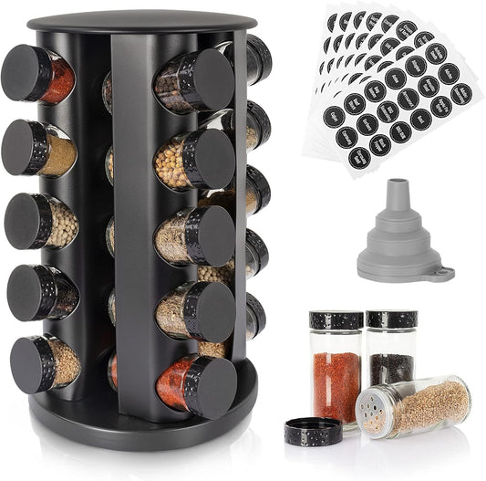 Black Countertop Rotating Spice Rack, Round Empty 20-Jars Revolving Spice Rack Organizer