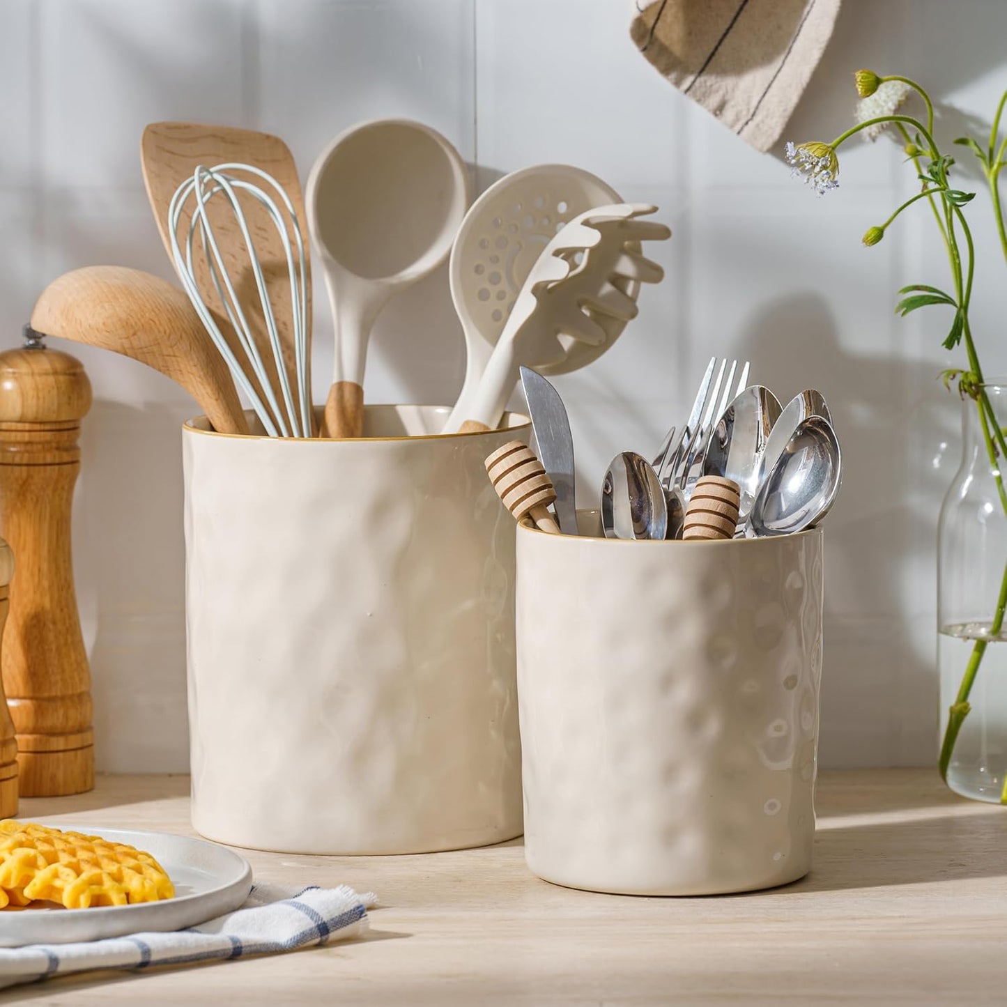 Ocean Utensil Holder, 7.2"+5.8" Ceramic Kitchen Utensil Holder for Countertop