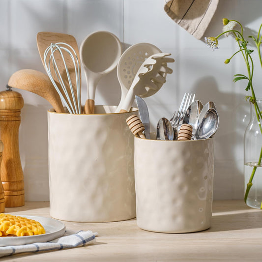Ocean Utensil Holder, 7.2"+5.8" Ceramic Kitchen Utensil Holder for Countertop