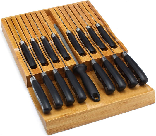 In-Drawer Knife Block,Bamboo Knife Drawer Organizer Insert