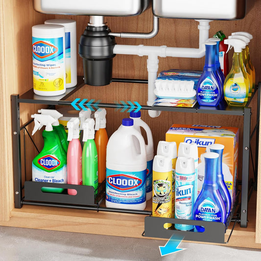 Extendable Under Sink Organizer - 2 Tier Expandable Under Cabinet Organizer Shelf with Height Adjustable Add Extra Space and Easy Access for 22" to 32" Wide Sink Cabinet, Black