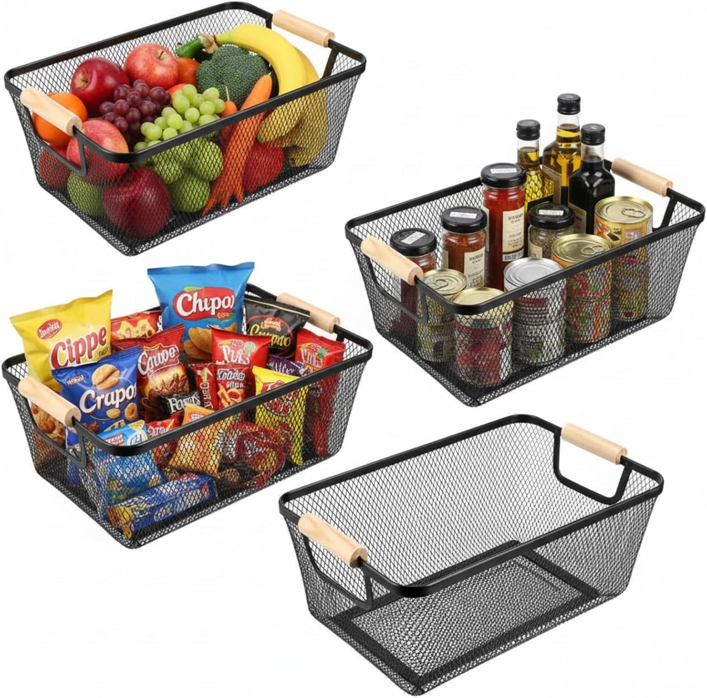 4 Pcs Metal Wire Basket with Wooden Handles Mesh Steel Storage Organizer Bin Containers for Home Organizing Cabinet Pantry Closet Kitchen Fridge Fruit Makeup Snacks Gifts(Medium,Black)