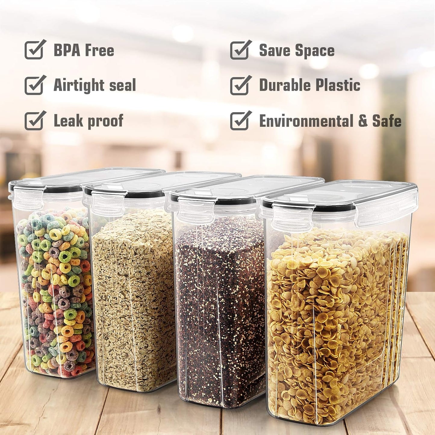 Cereal Storage Containers Set, Large BPA Free Plastic Airtight Food Storage Containers 4L for Flour, Sugar, 6 Piece Set Cereal Dispensers with 20 Labels & Marker, Black