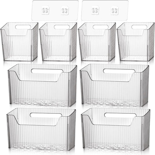8 Pcs Storage Organizer Bins Wall Mounted Organizer Basket Plastic Cabinet Door Bins Stackable Hanging Baskets for Organizing for Wall Refrigerator Kitchen Bathroom Pantry(3.94'',Clear)