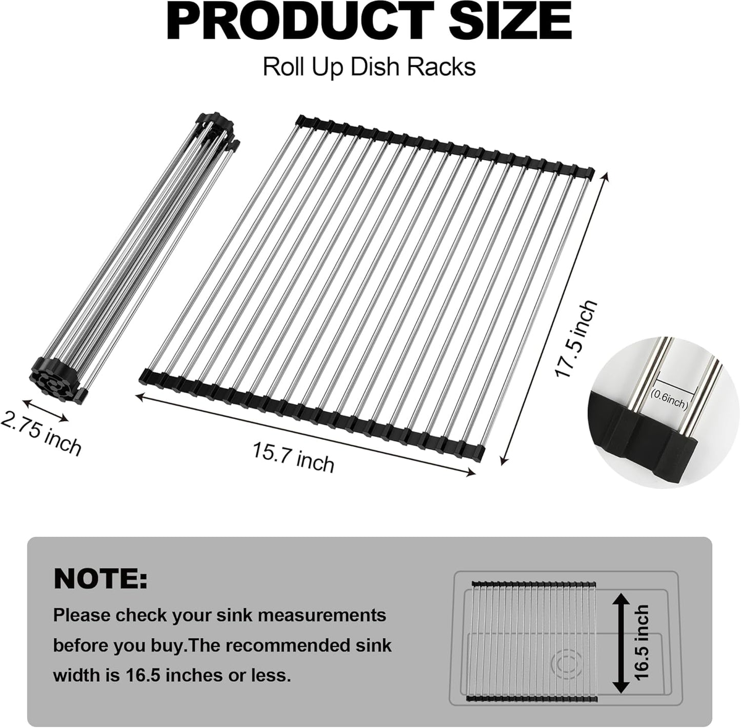 Dish Drying Rack with Roll Up and Over Sink for Kitchen,17.5"x15.7",Black