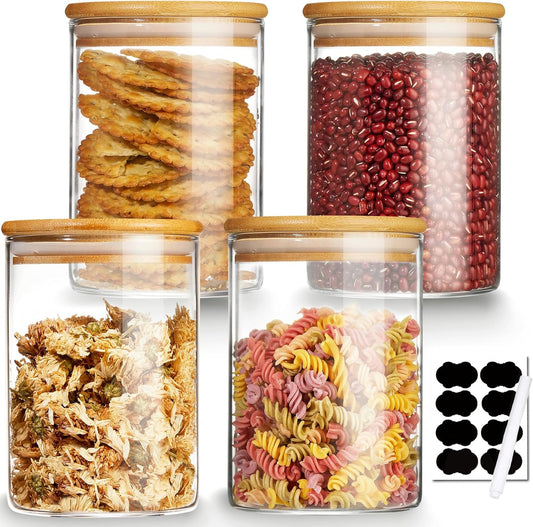 4 Pack Glass Storage Jars with Airtight Bamboo Lid, 27 OZ Glass Canisters Set with Labels