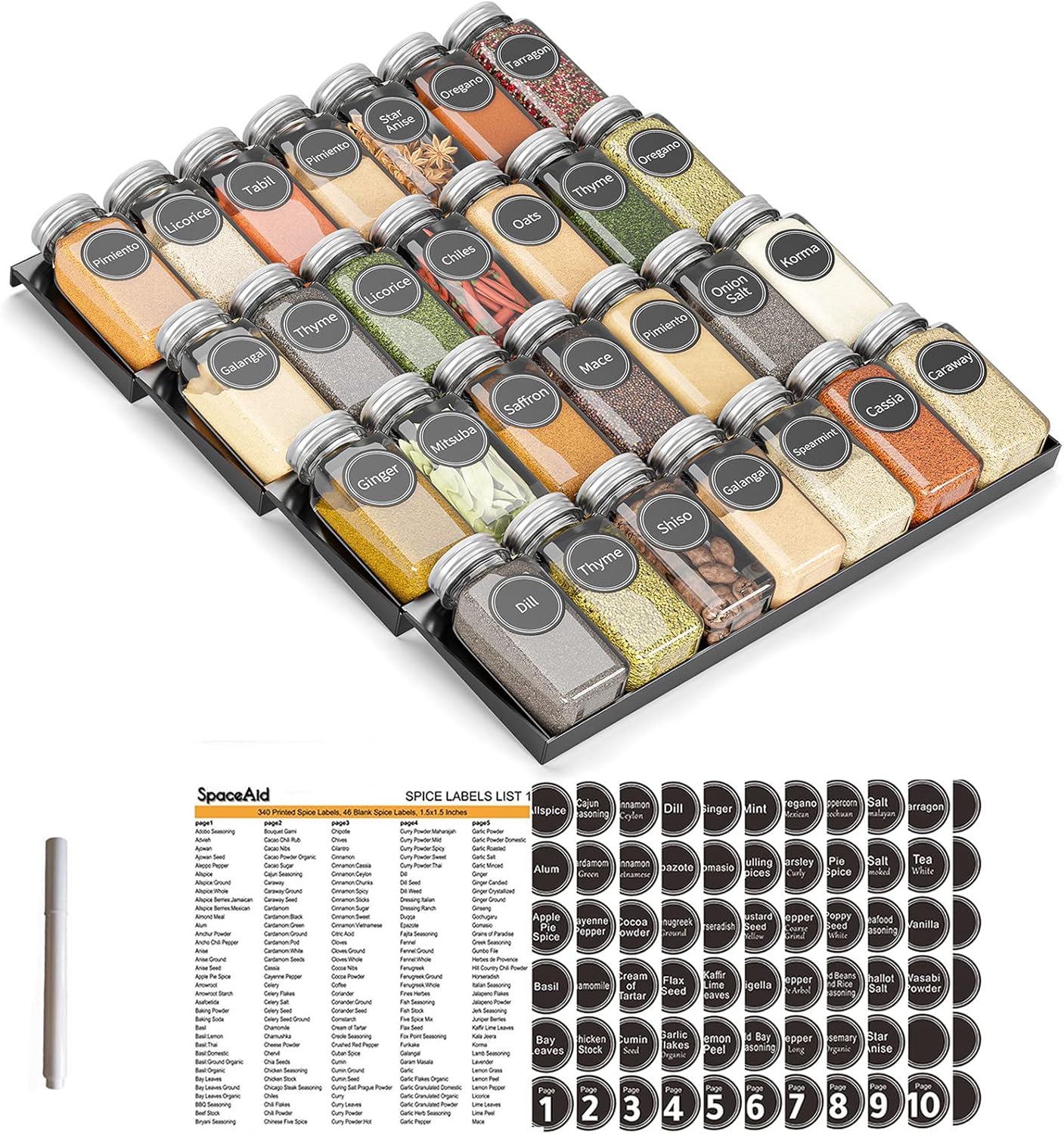 Spice Drawer Organizer with 28 Spice Jars, 386 Spice Labels