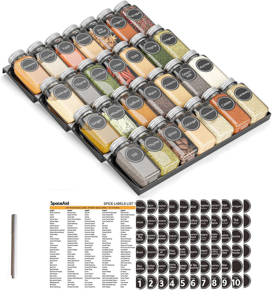 Spice Drawer Organizer with 28 Spice Jars, 386 Spice Labels