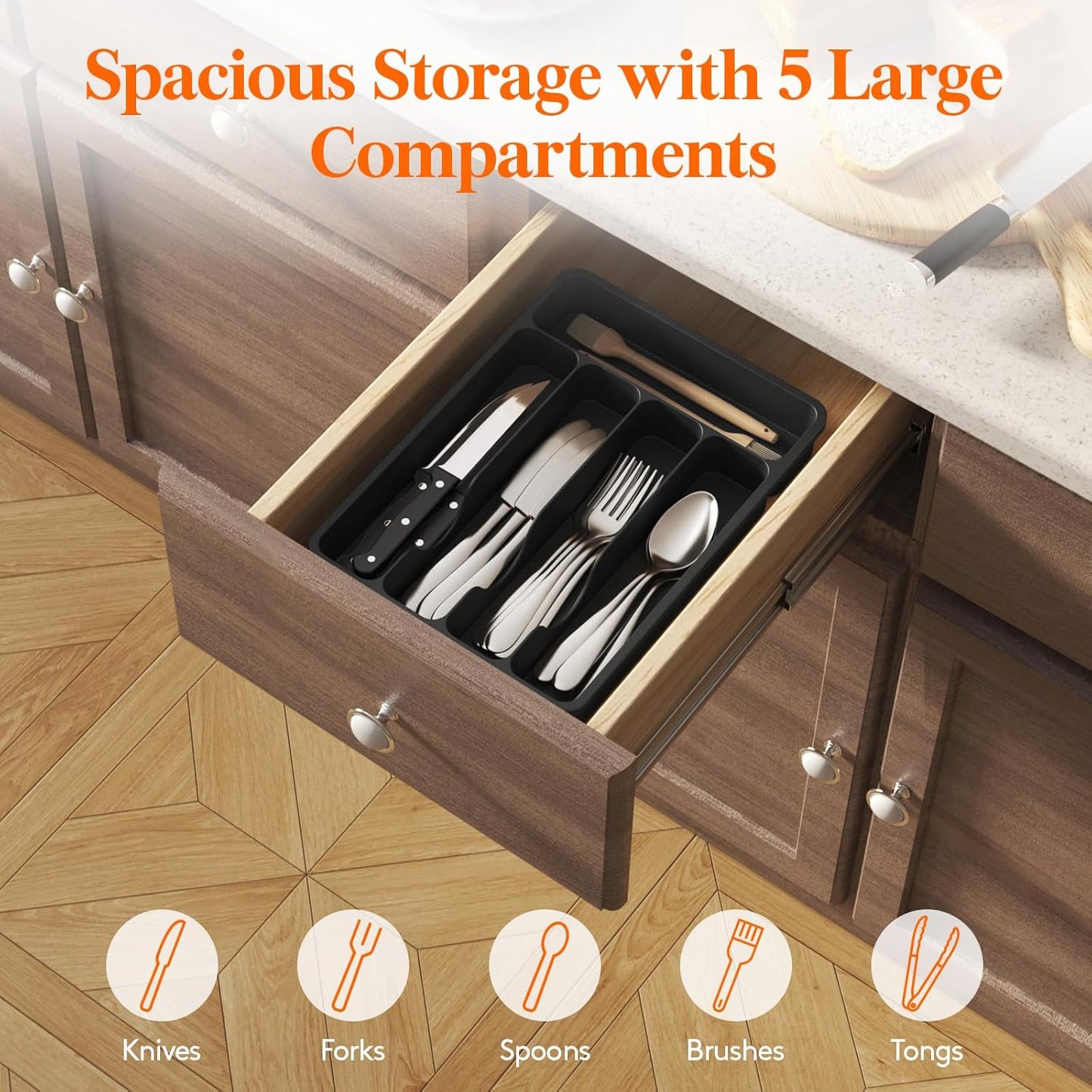 Silverware Drawer Organizer Tray, Plastic Cutlery Storage for Kitchen