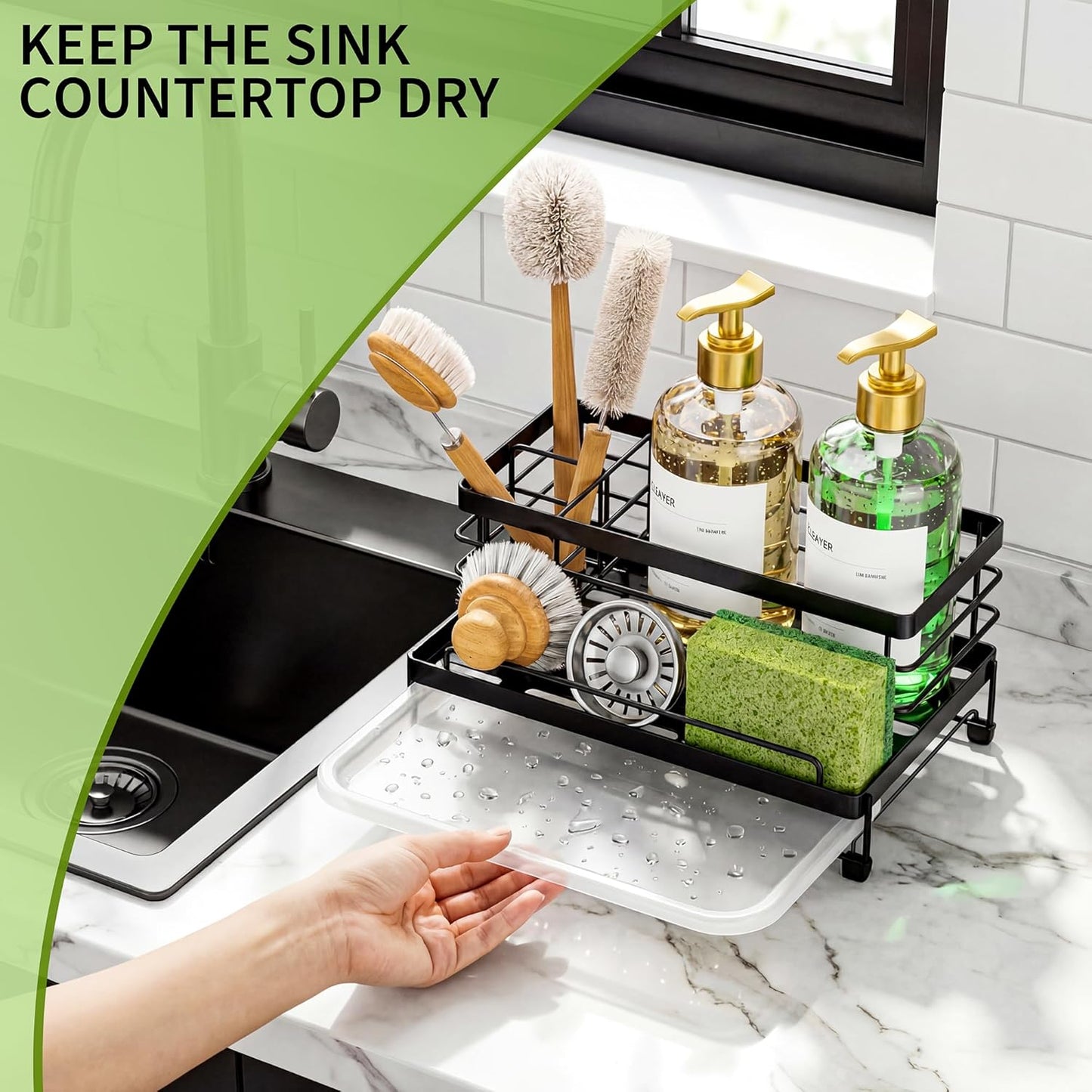 Large Black Sponge Holder for Kitchen, Sink Caddy Sink Organizer Rack for Kitchen Accessories with Drip Tray, Rustproof and Non-slip, Soap Dispenser Countertop Organizer Essentials for New Home