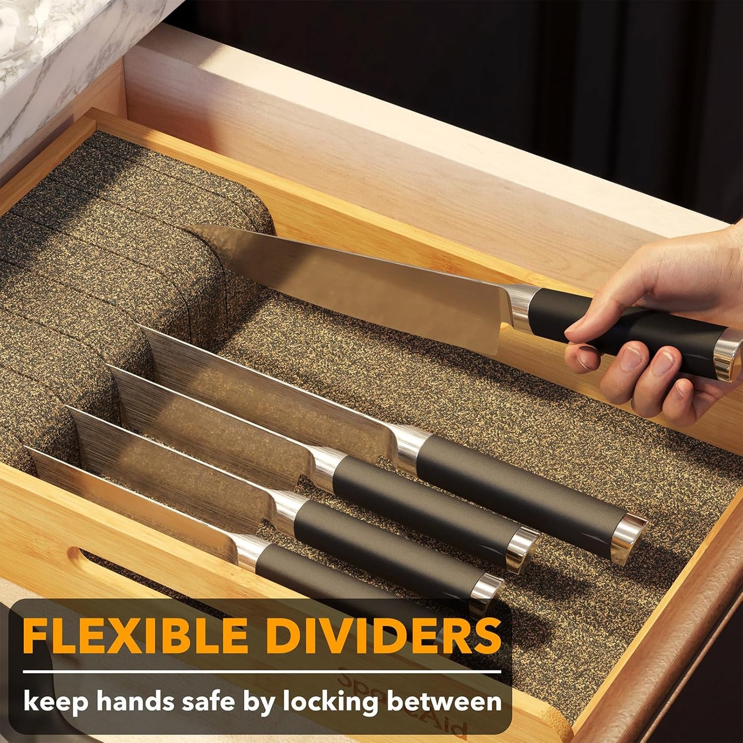 Knife Drawer Organizer 9 inches Wide Bamboo Insert Dock