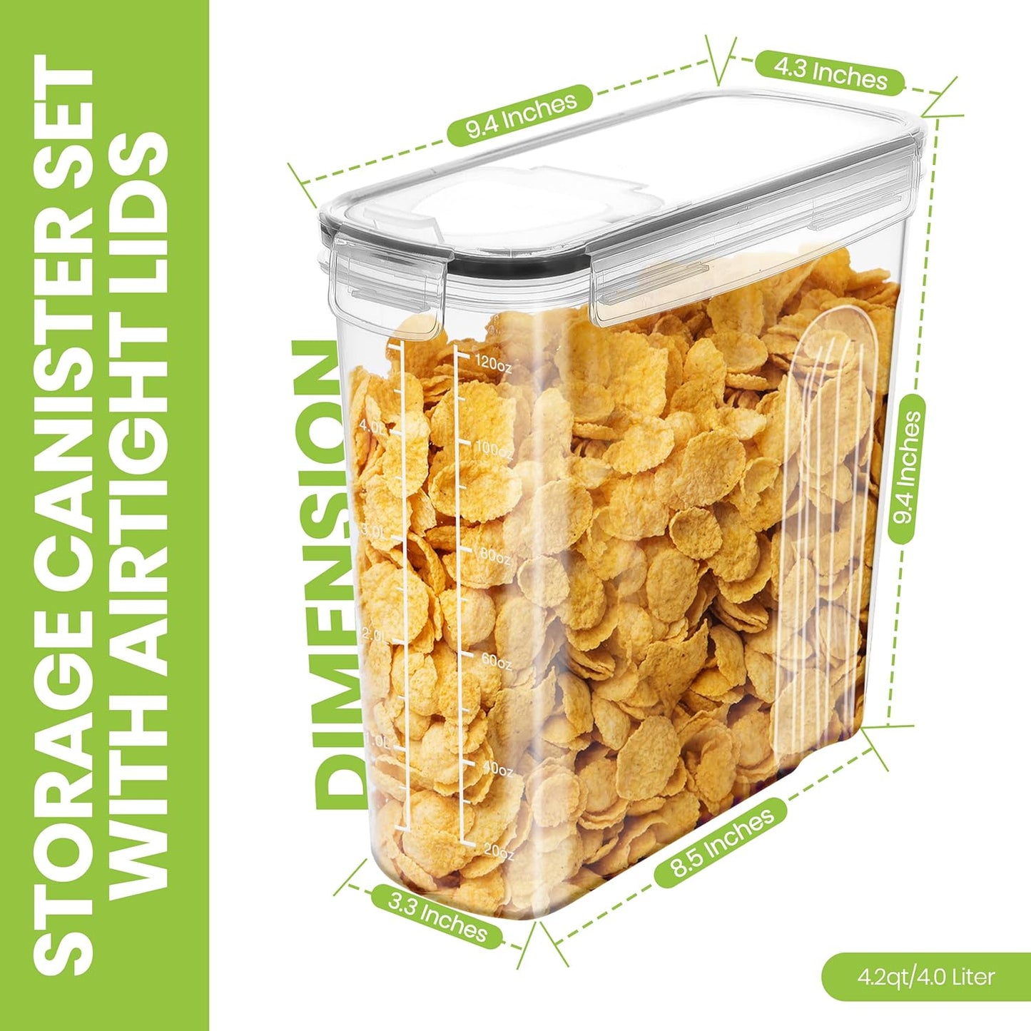 Cereal Containers Storage Set – 4 Pack 4L(135.2 oz) Airtight Food Storage Containers with Lids
