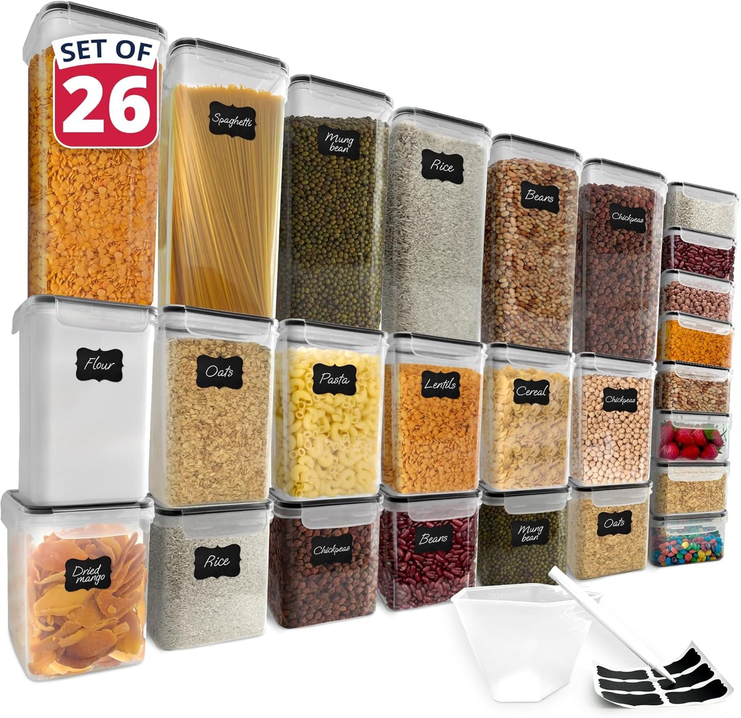Airtight Food Storage Containers with Lids (26 Sets) | Kitchen Organizers and Storage Pantry Organizers | BPA Free Plastic Food Containers | Mega Variety Pack w/Measuring Cup, 30 Labels, Pen