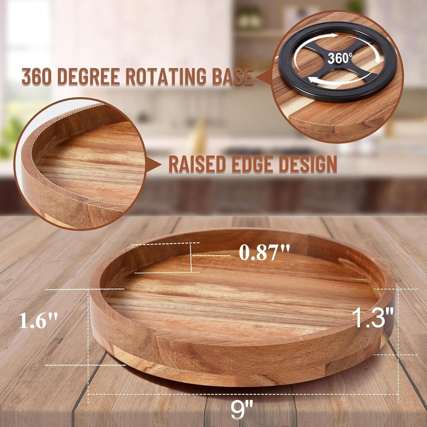 9 Inch Acacia Wood Lazy Susan Organizer for Cabinet