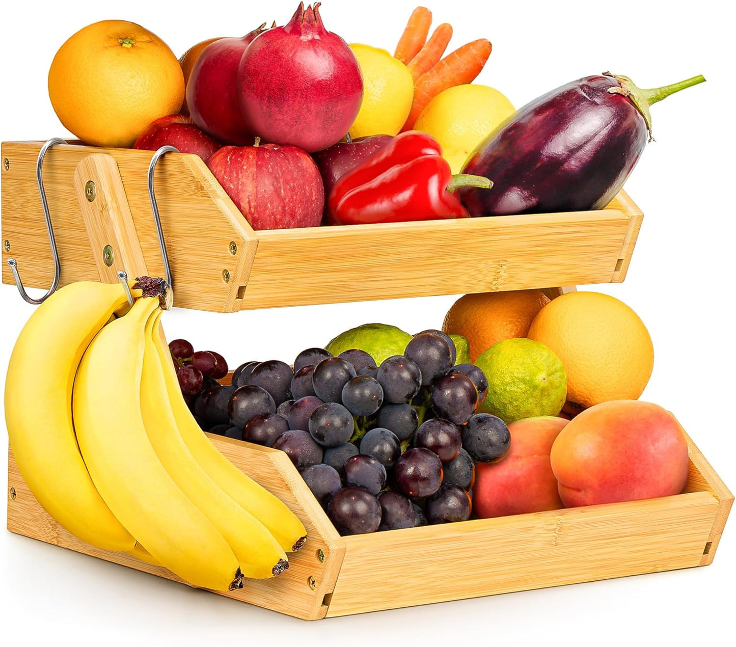 Fruit Basket with Banana Hanger - 2-Tier Bamboo Fruit & Vegetable Storage Organizer for Kitchen Counter - Lightweight & Easy Assembly - Countertop Stand Holder Bowl with Screws