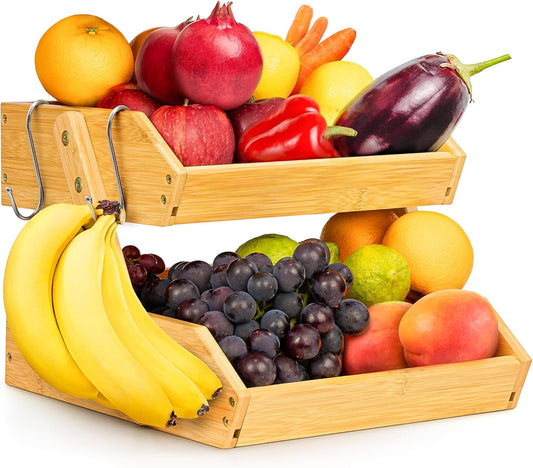 Fruit Basket with Banana Hanger - 2-Tier Bamboo Fruit & Vegetable Storage Organizer for Kitchen Counter - Lightweight & Easy Assembly - Countertop Stand Holder Bowl with Screws