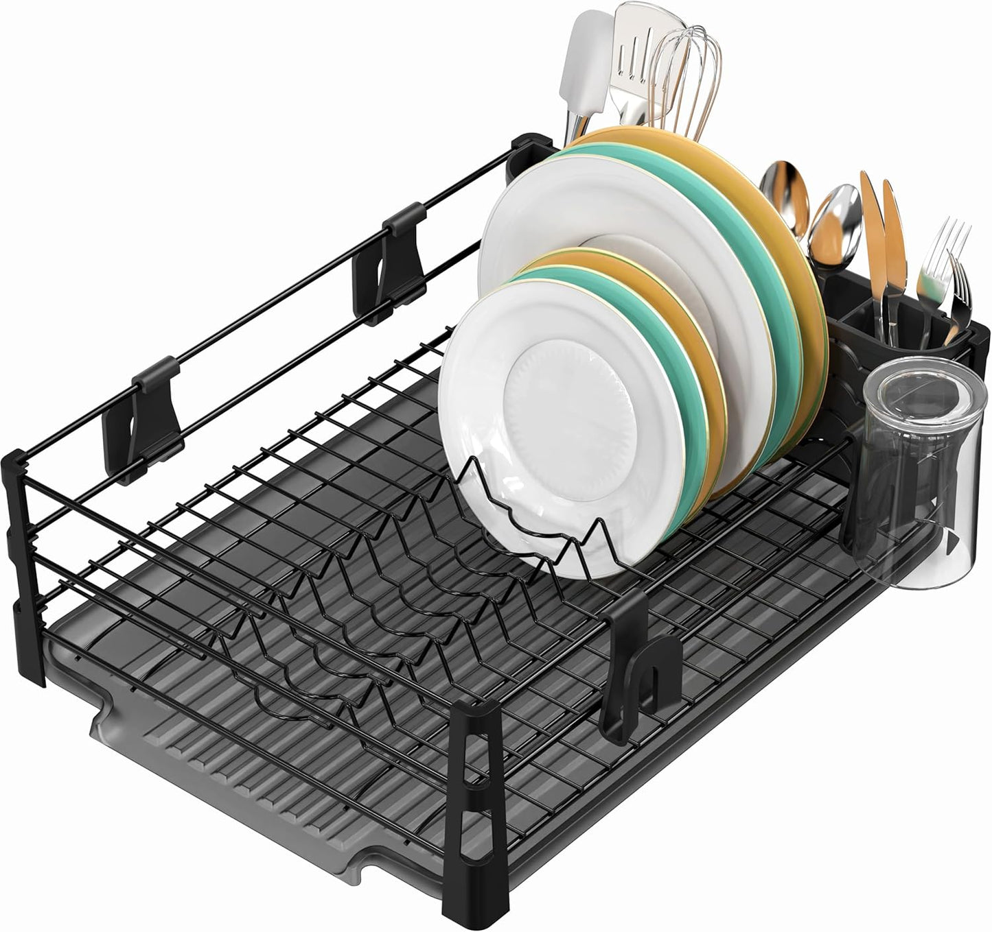Dish Drying Rack with Drainboard, Utensil Holder & Mug Hooks, Black Metal Kitchen Counter Organizer