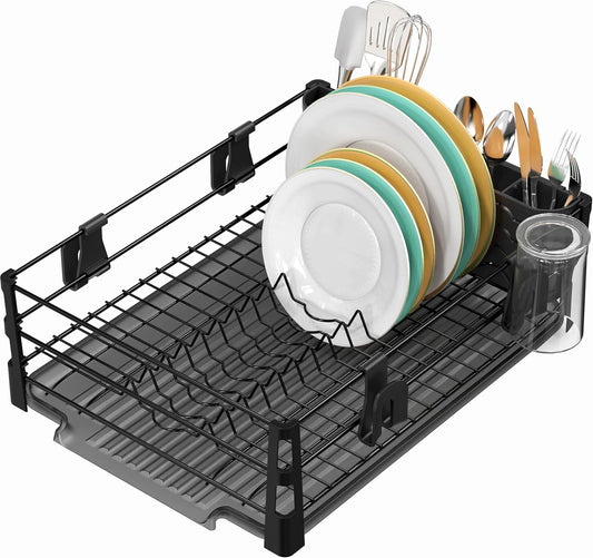 Dish Drying Rack with Drainboard, Utensil Holder & Mug Hooks, Black Metal Kitchen Counter Organizer