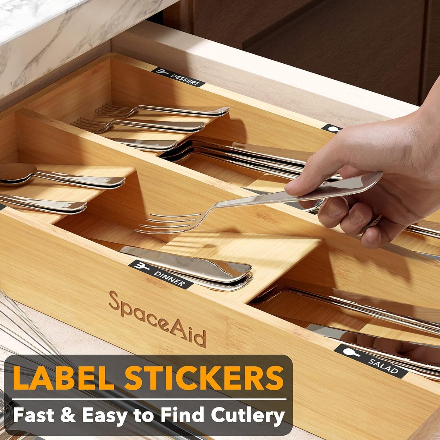 Bamboo Silverware Drawer Organizer with Labels, Kitchen Utensil Tray Holder Organizer for Flatware