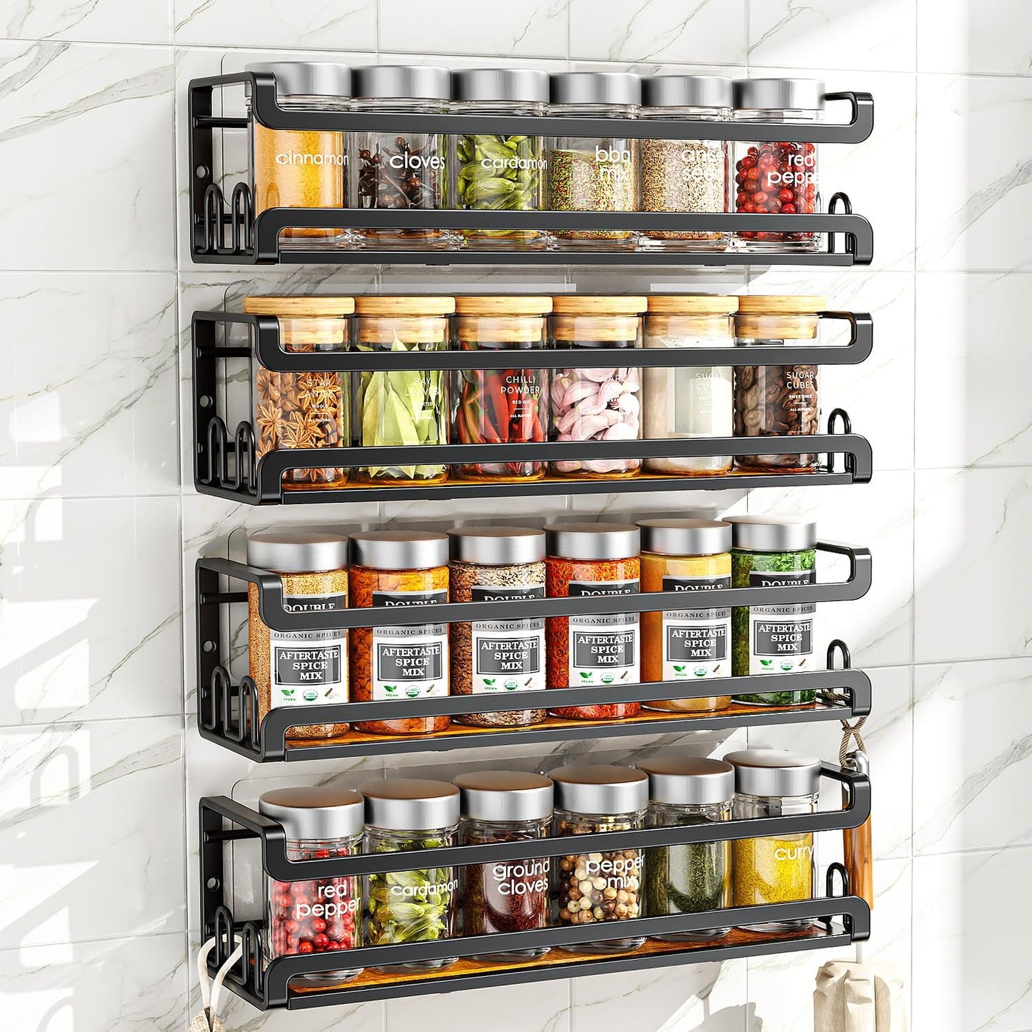 Wall Mounted Spice Rack with 16 Hooks, Rustic Wood Spice Organizer Shelf for Stove Cabinet Pantry Door,Screw or Adhesive Hanging Spice Shelf,Wall Spice Rack in Kitchen and RV,4 Pack