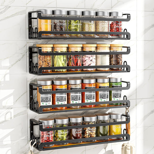 Wall Mounted Spice Rack with 16 Hooks, Rustic Wood Spice Organizer Shelf for Stove Cabinet Pantry Door,Screw or Adhesive Hanging Spice Shelf,Wall Spice Rack in Kitchen and RV,4 Pack