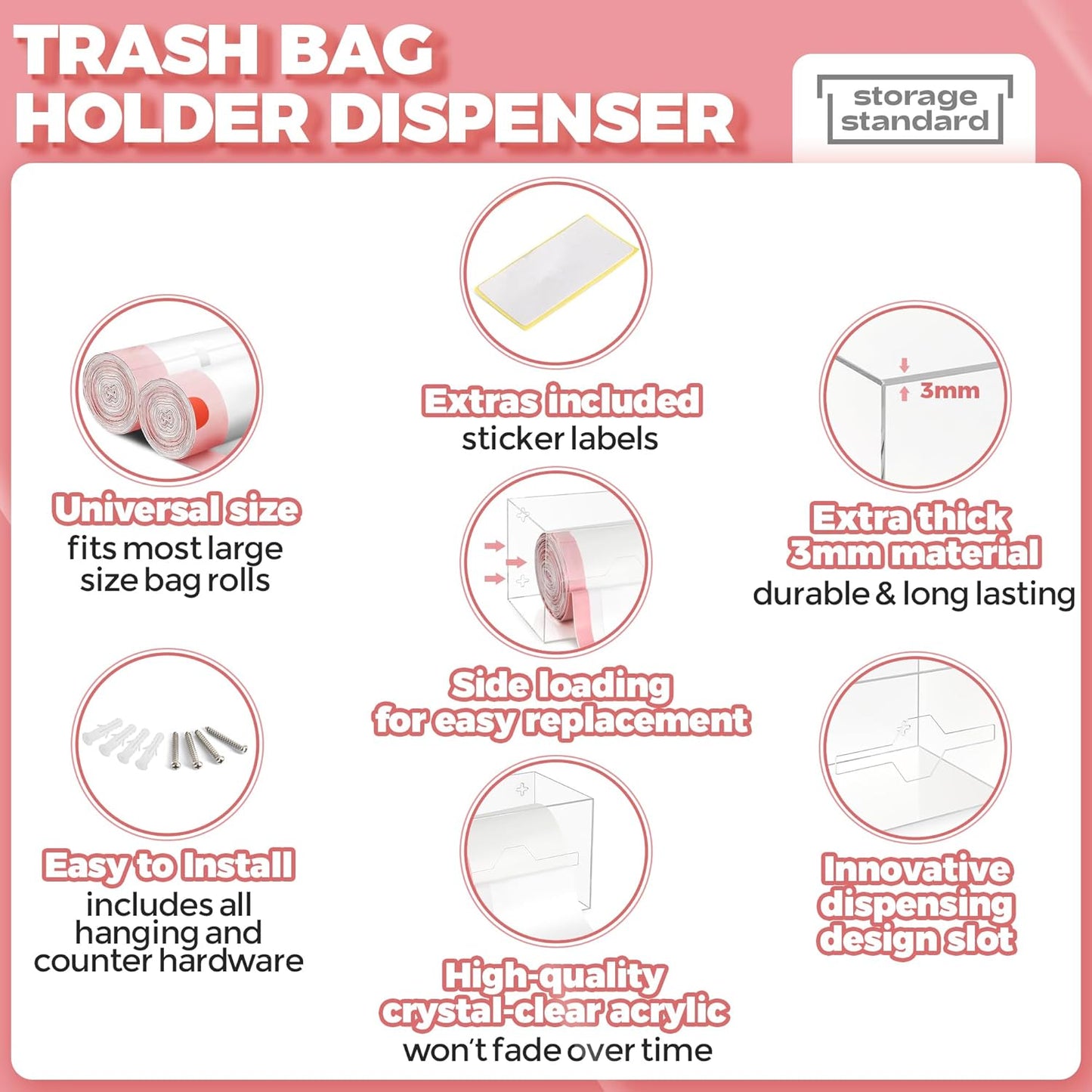 Trash Bag Holder Dispenser 10.5'' x 7'' x 7''- Acrylic Bags Dispensing Roll Organizer Holder