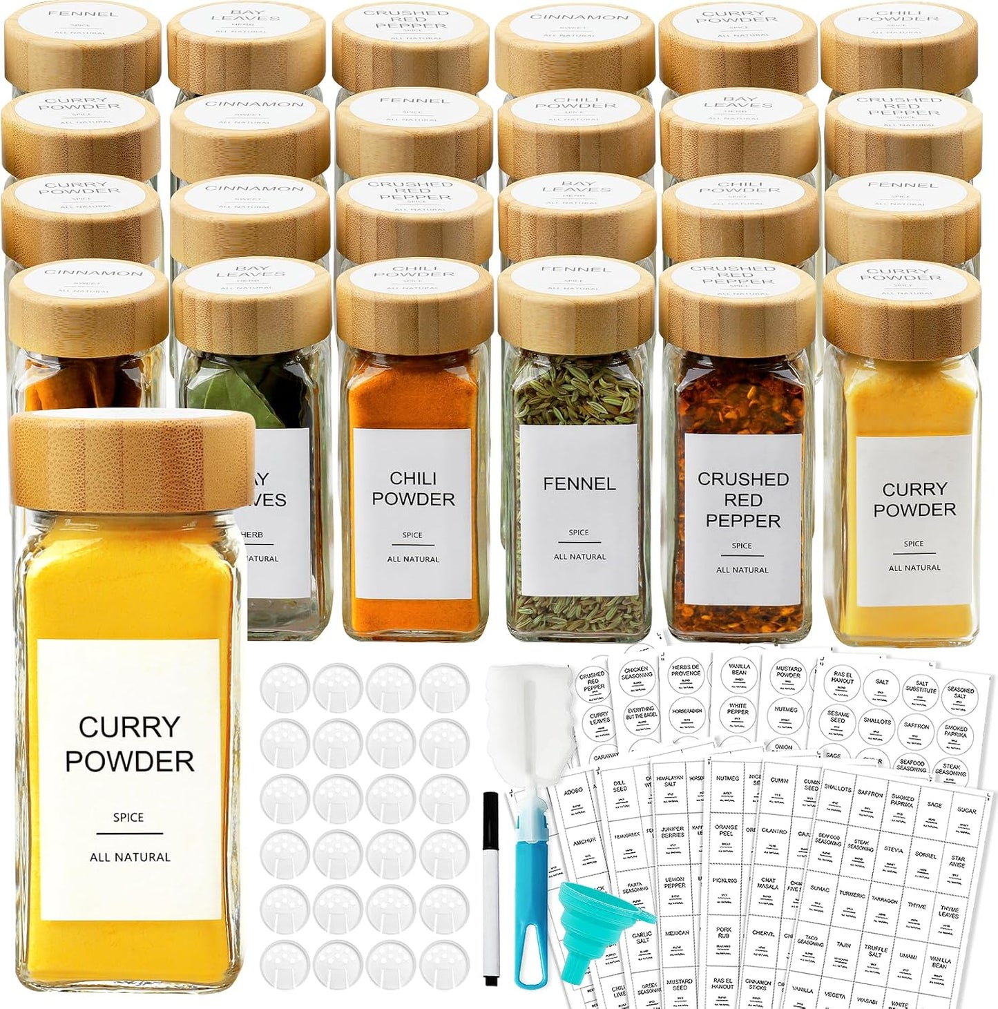 Glass Spice Jars with 398 Labels, 24 pcs 4oz Spice Containers with Bamboo Lids