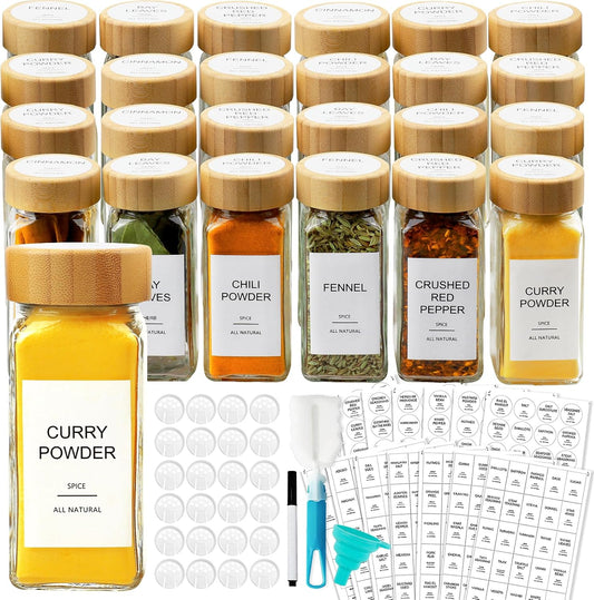 Glass Spice Jars with 398 Labels, 24 pcs 4oz Spice Containers with Bamboo Lids