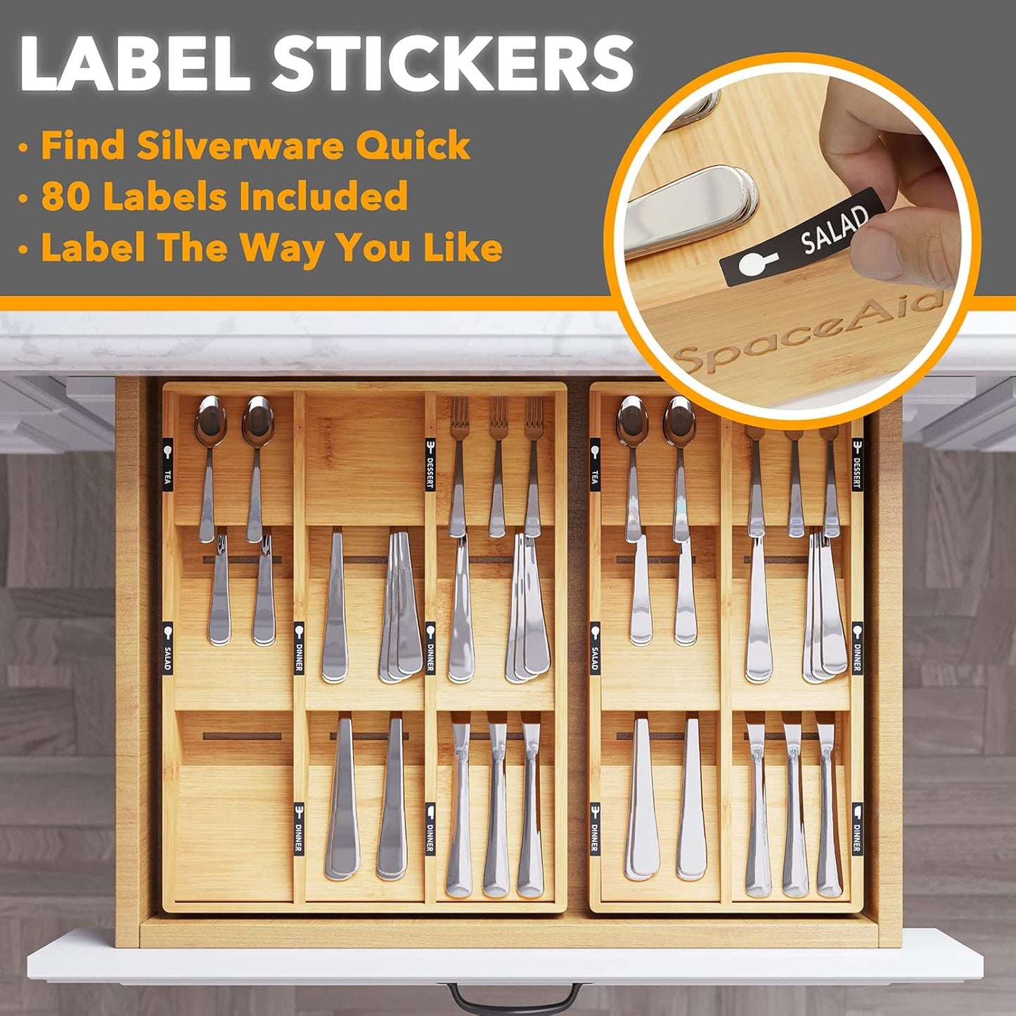 Bamboo Silverware Drawer Organizer with Labels, Kitchen Utensil Tray Holder Organizer for Flatware