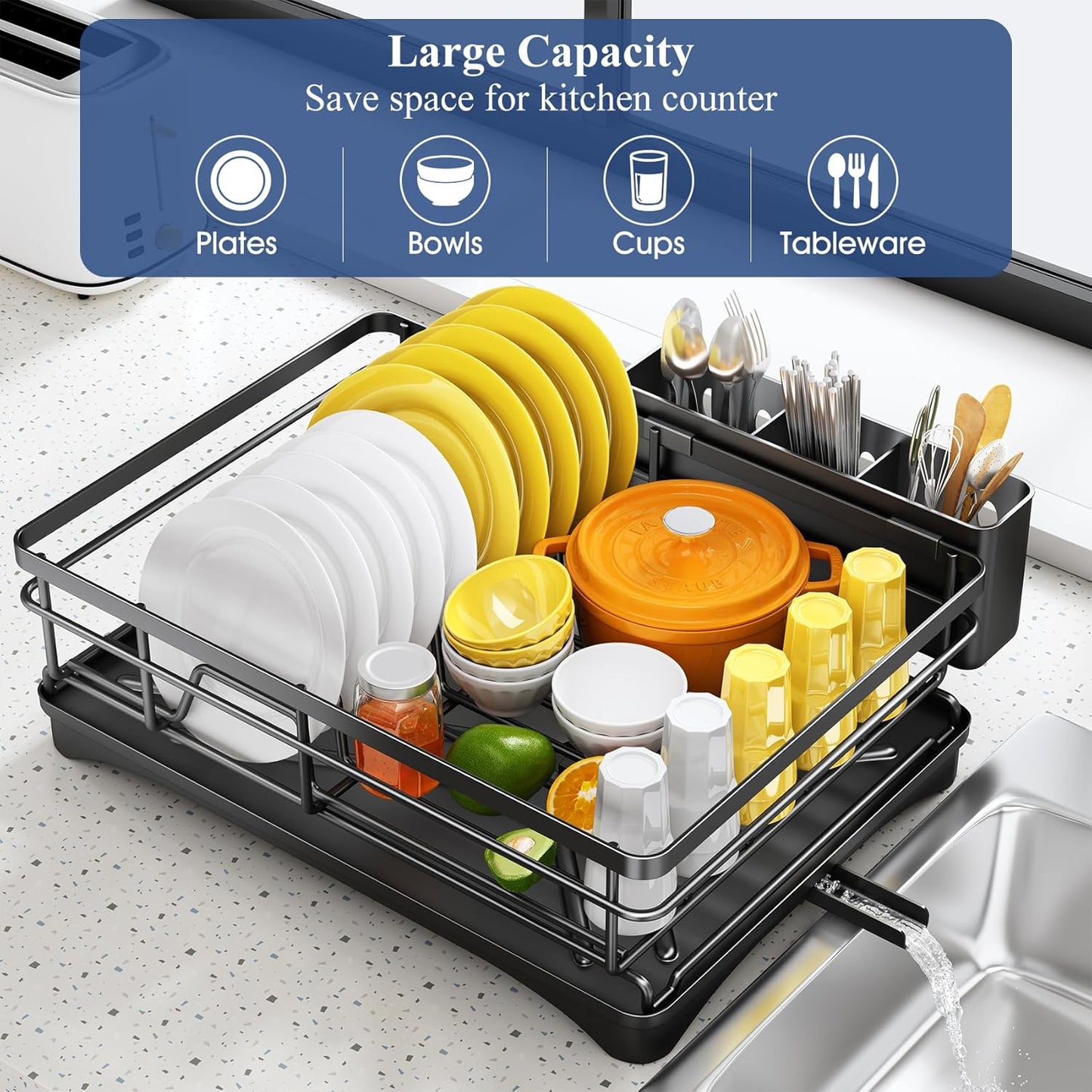 Dish Drying Rack for Kitchen Counter - Large Dish Rack with Drainboard