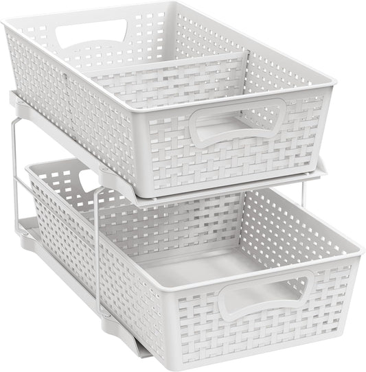 2 Tier Bathroom Organizer Tray Pull-Out Sliding Drawer, Under Sink Storage, White