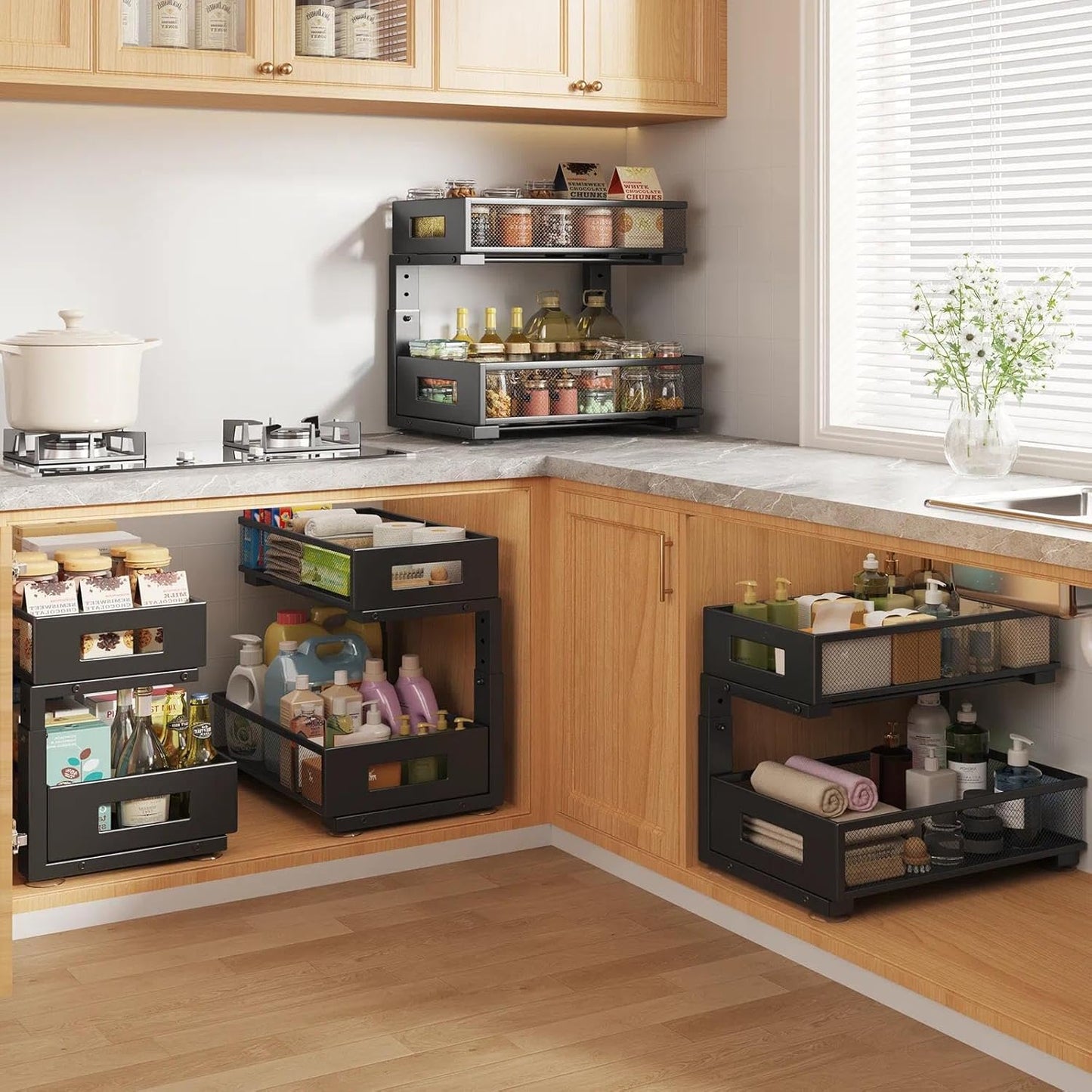 Under Sink Organizer, 2-Tier Dual Pull Out Cabinet Organizer Drawers With Smooth Circular Rail