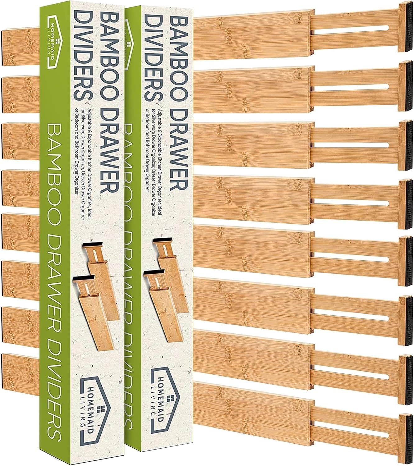 Bamboo Drawer Dividers Adjustable & Expandable, Kitchen Drawer Organizer, Ideal for Silverware