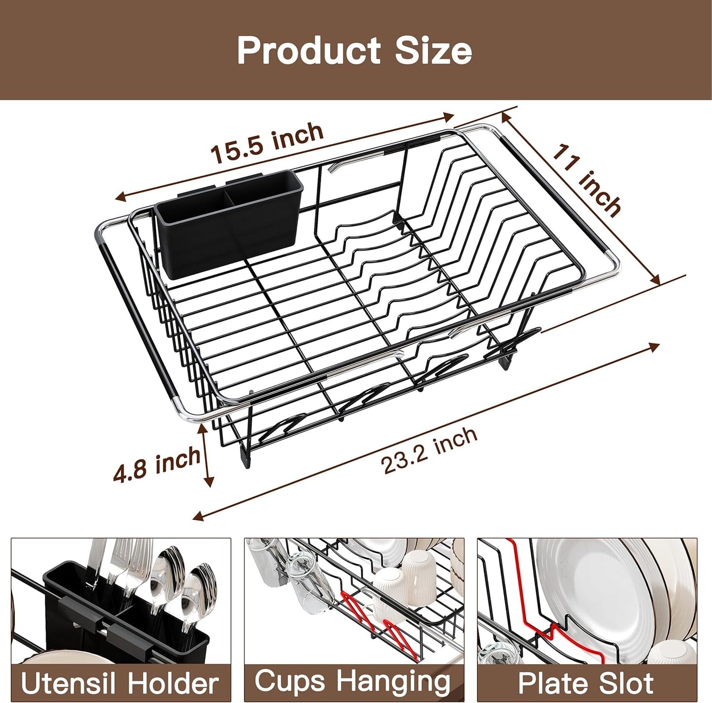 Over the Sink Expandable Dish Drainer Drying Rack In Stainless Steel for Small Kitchen