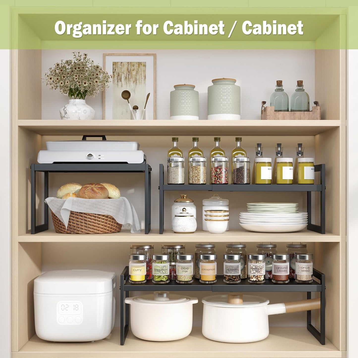 Expandable kitchen Countertop Organizer, Stackable Cabinet Shelf Organizers