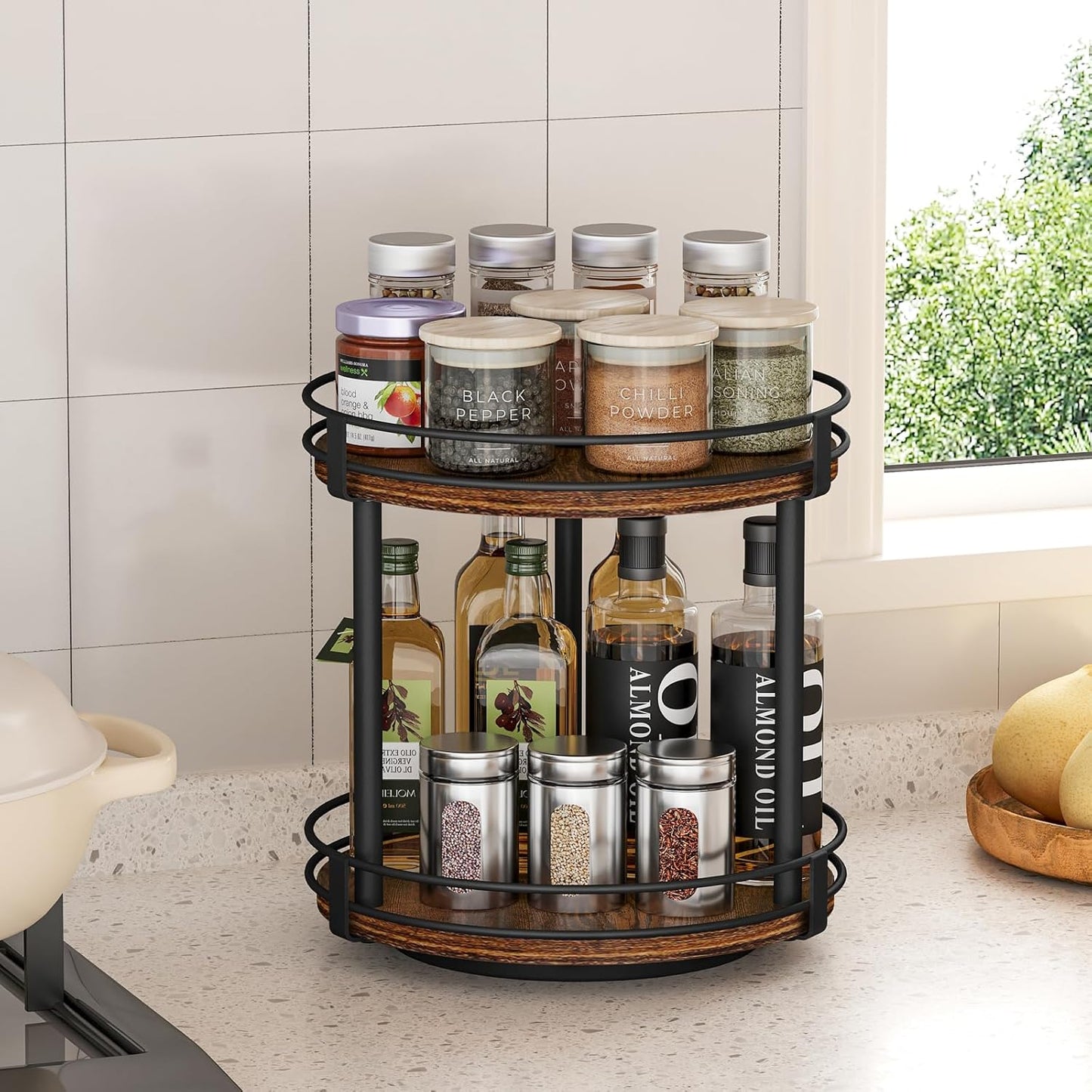 Rotating Spice Rack, 2 Tier Lazy Susan Organizer, Wood Kitchen Countertop Organizer