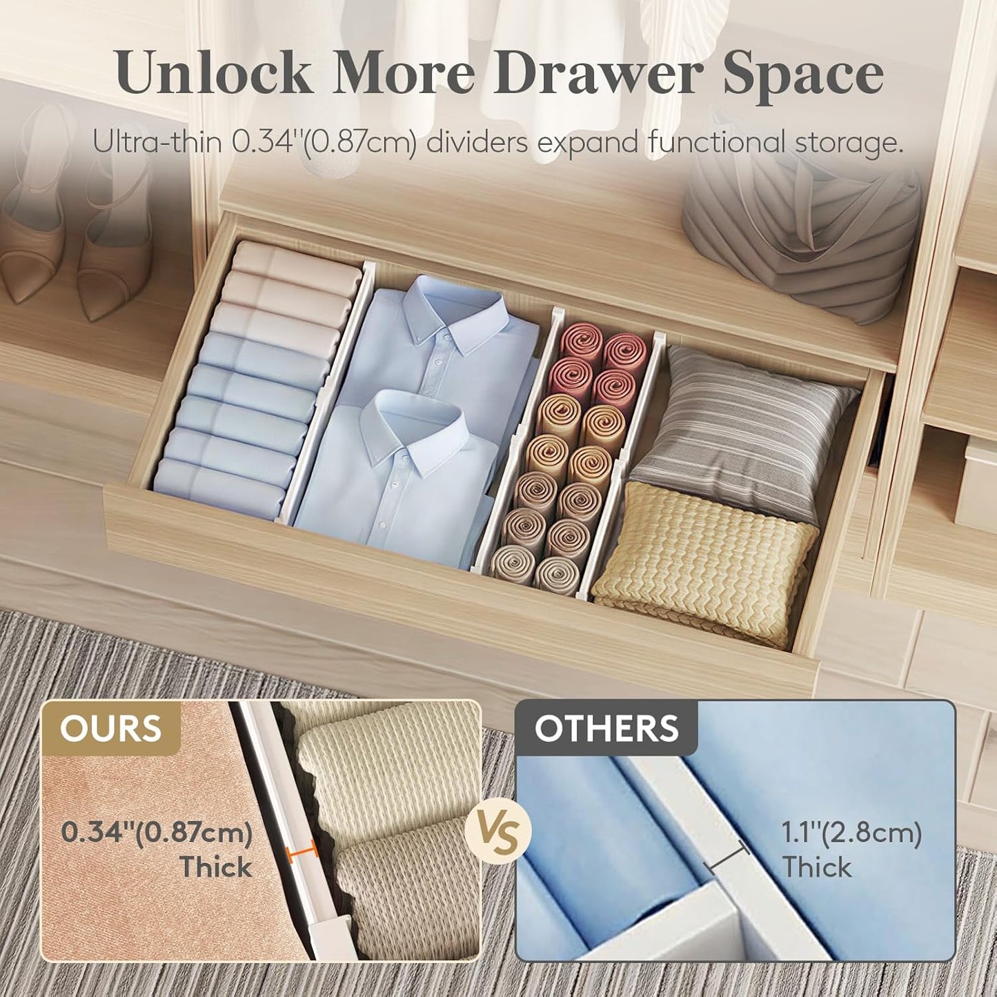 Drawer Dividers for Clothes, 3.2" Tall 10.5"-16.5" Expandable Dresser Drawer Organizers