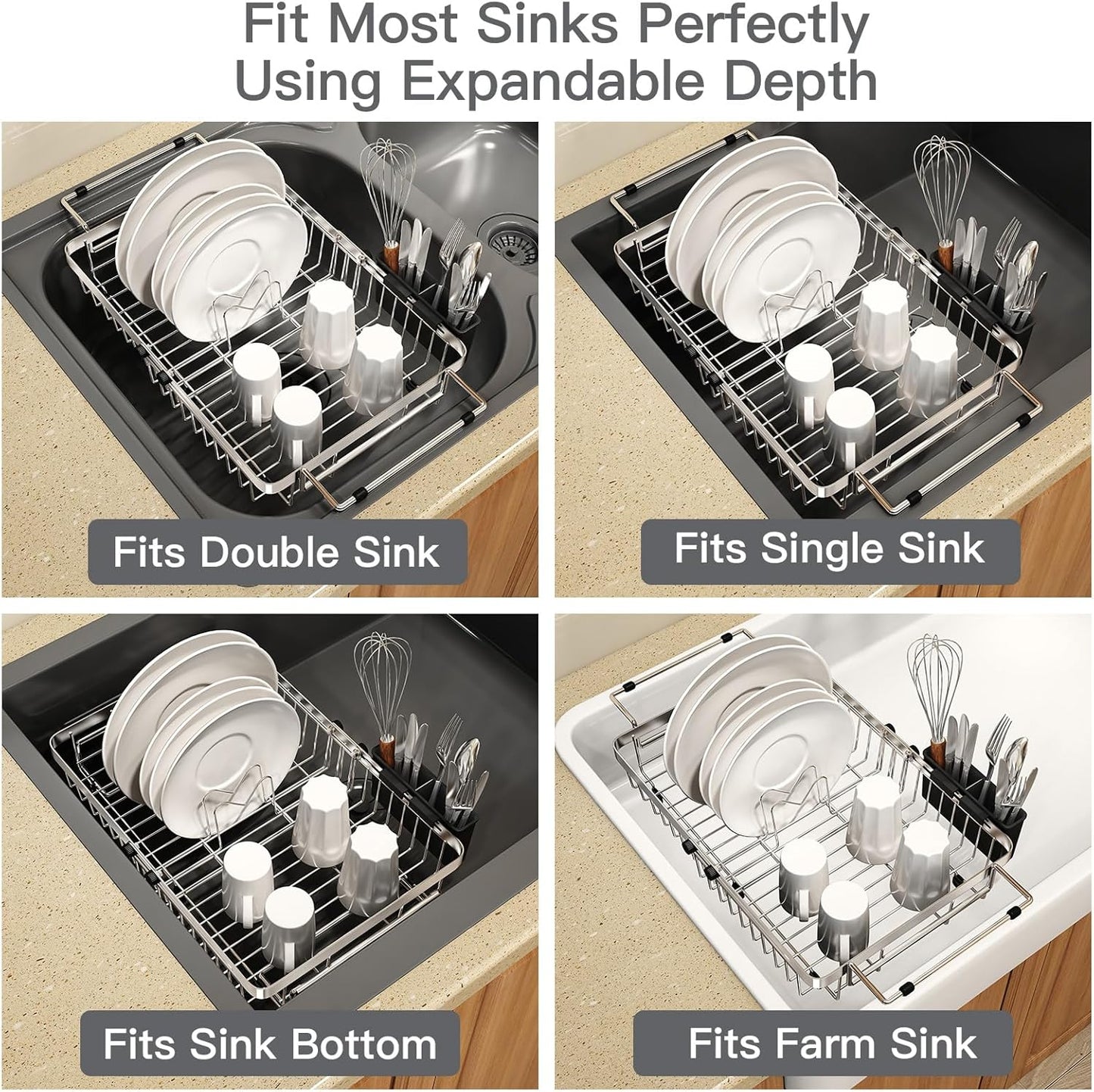 Dish Drying Rack Over The Sink, Expandable Stainless Steel Dish Drainer for Small Kitchen Counter Space Saving, RV Compact Plate Strainer In Silver Metal with Hanging Adjustable Utensil Holder