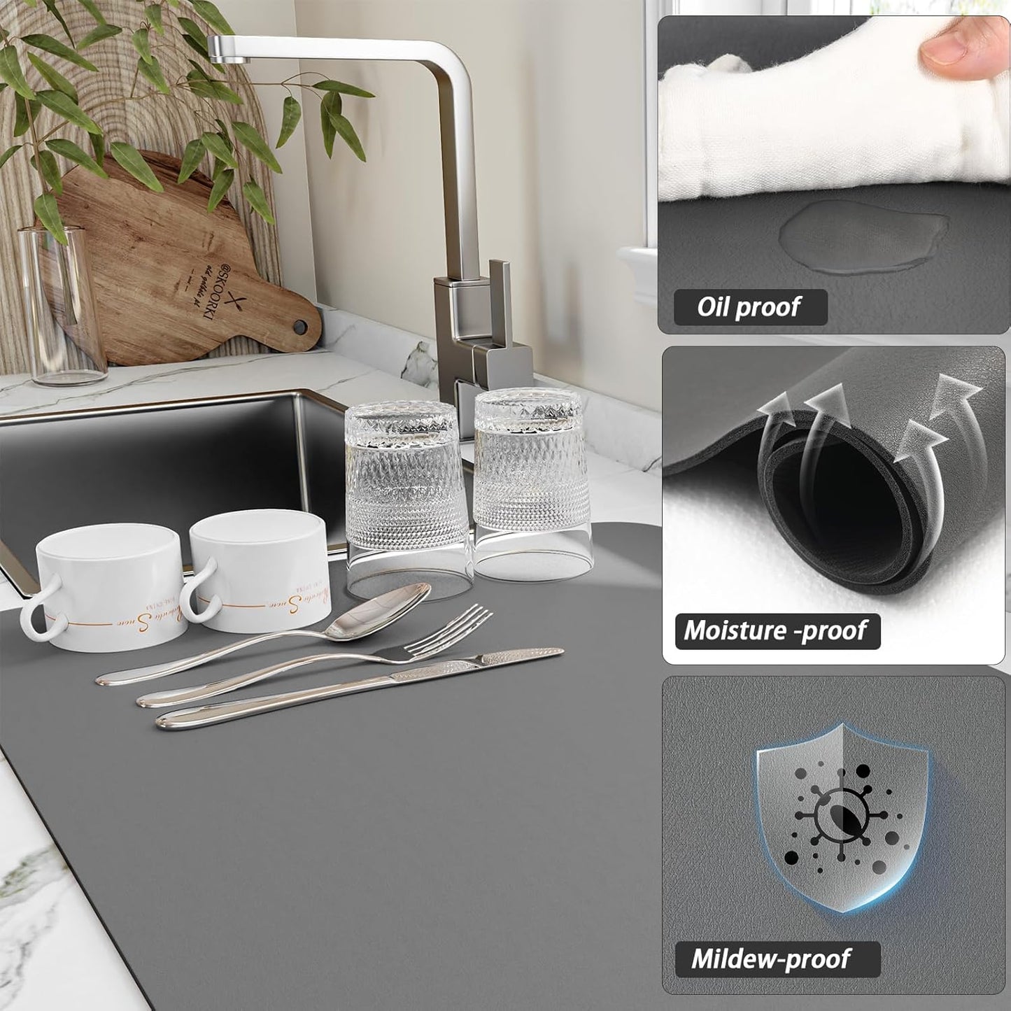 Dish Drying Mat for Kitchen Counter, Heat Resistant Drainer Mats with Non-slip Rubber Backed