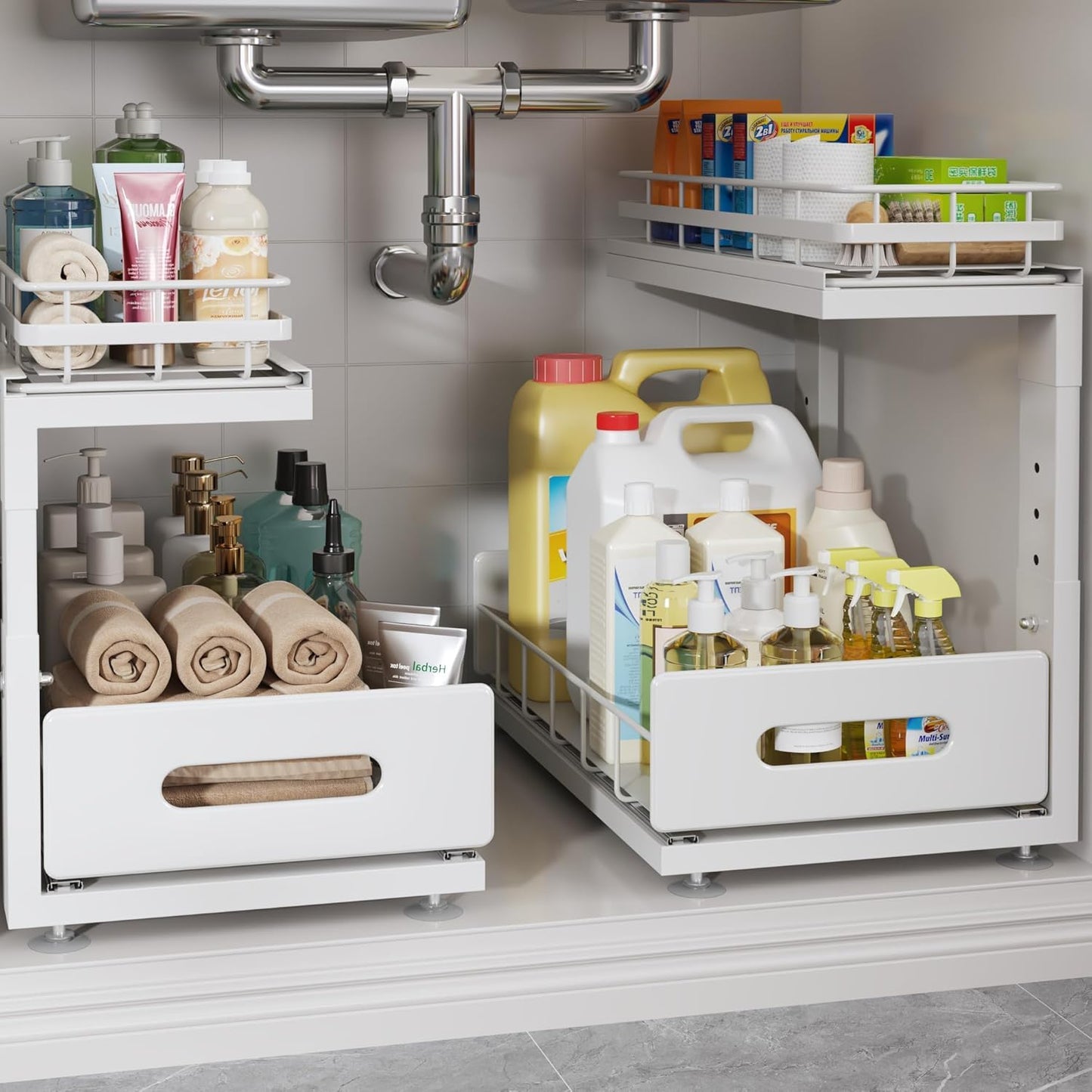 Under Sink Organizer Upgrade To Professional Rails,2-Tier Dual Pull Out Cabinet Storage,Height Adjustable Slide Out Drawers For Bathroom Kitchen,2 Pack-14.5"Dx12.8"-16.9"H,White