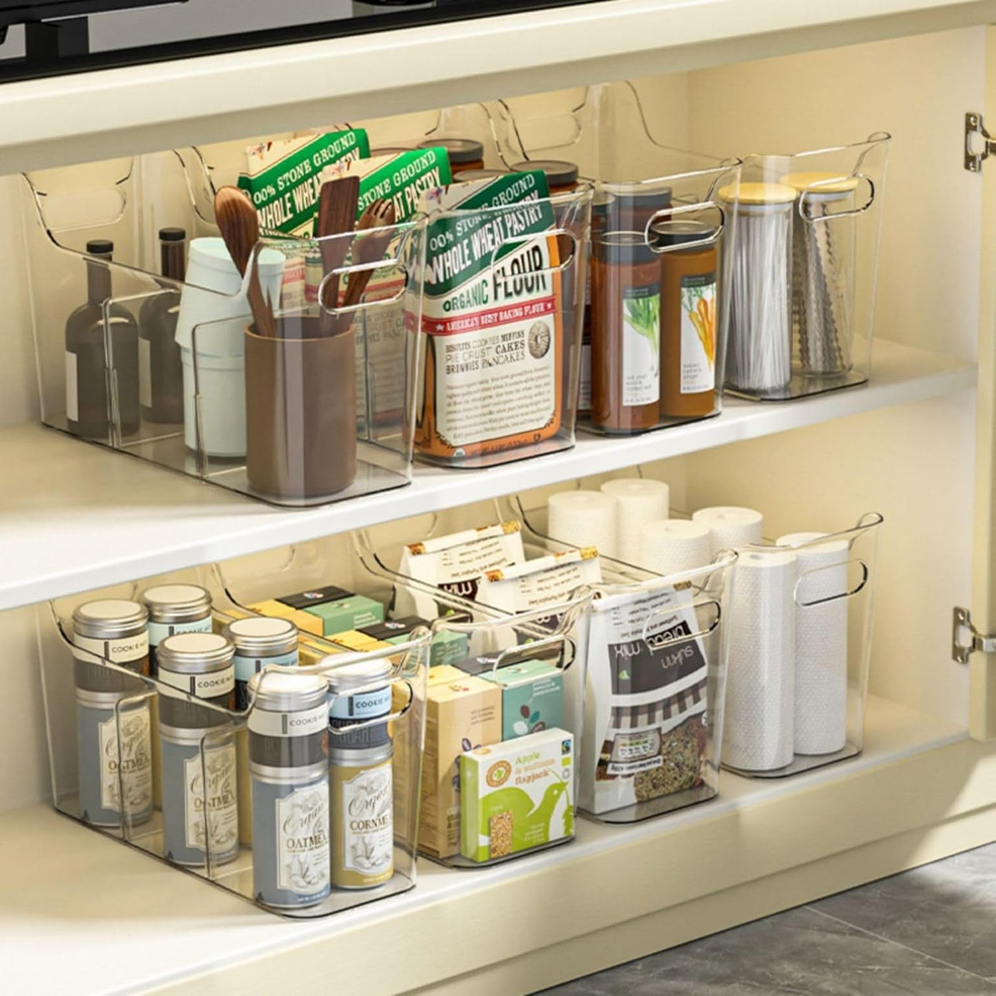 Tall Narrow Clear Bins with Dividers, Plastic Containers for Organizing Kitchens and Bathrooms