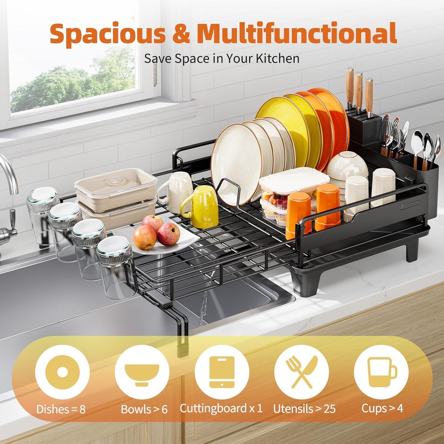 Dish Drying Rack - Extendable Dish Drainer, Large Dish Rack for Kitchen Counter