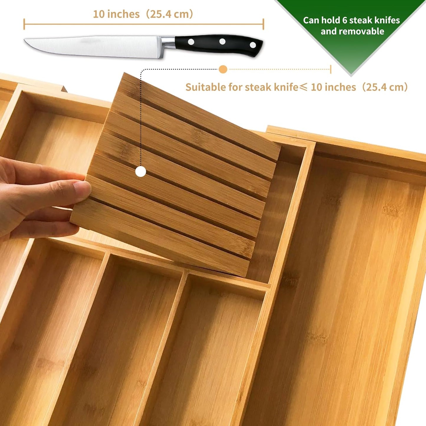 Bamboo Silverware Drawer Organizer Kitchen, Expandable Utensil Organizer with Knife Block