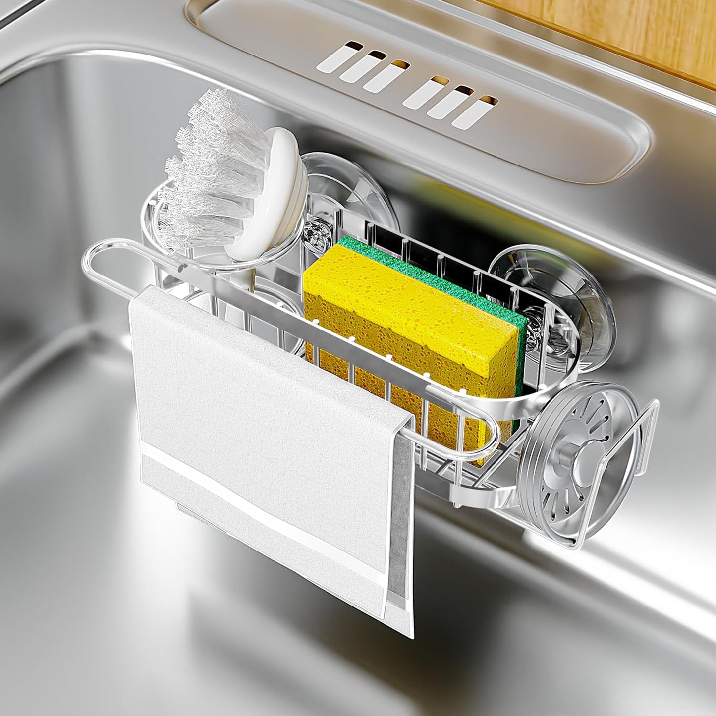 Kitchen Sink Caddy Sponge Holder in The Sink, Stainless Steel Kitchen Sink Organizer, Brush Holder