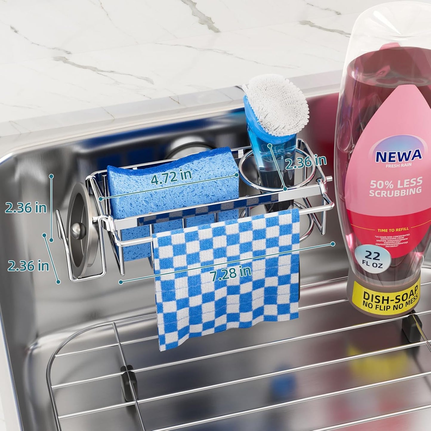 4-in-1 Sink Caddy with Strong Suction Cup, Sponge Holder for Kitchen Sink Organizer, Removable