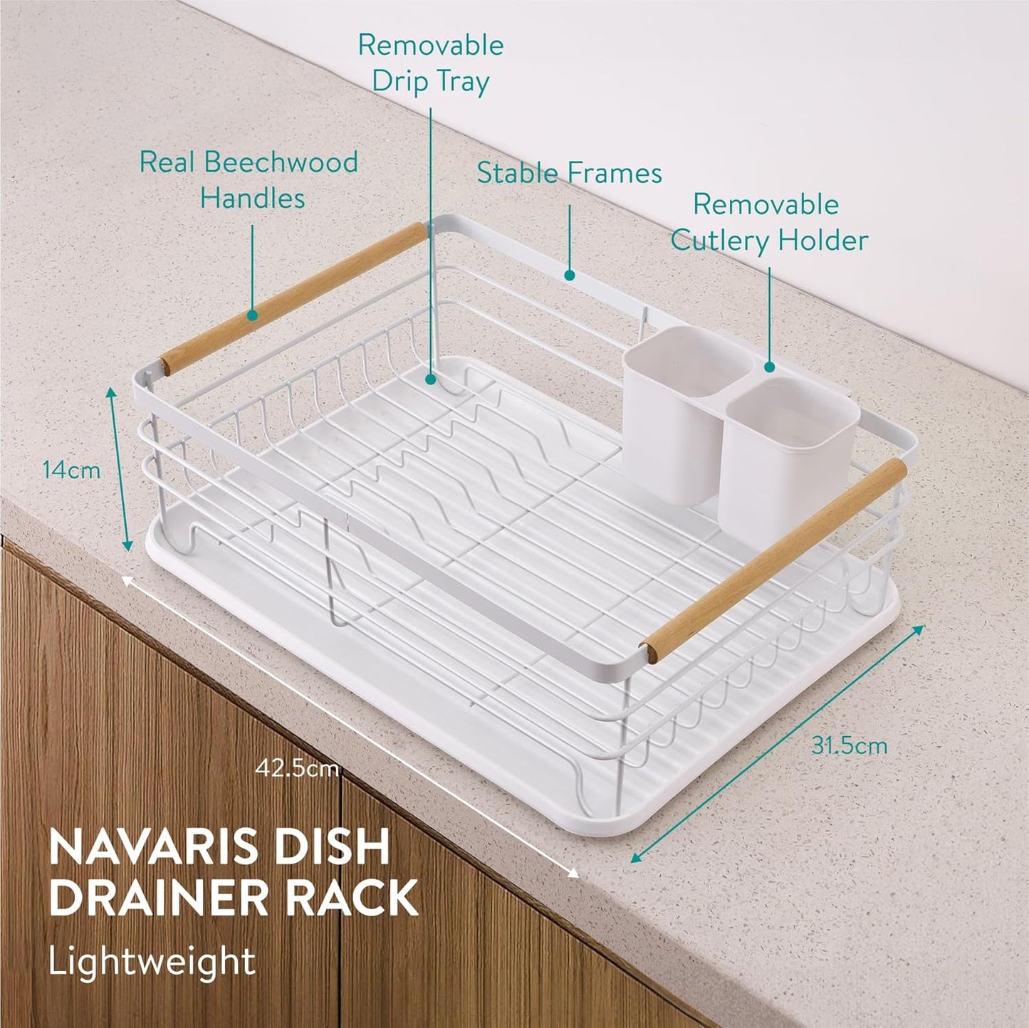 Dish Drainer Rack - Plate, Silverware, Pots and Pans - Dish Rack with Beechwood Handles