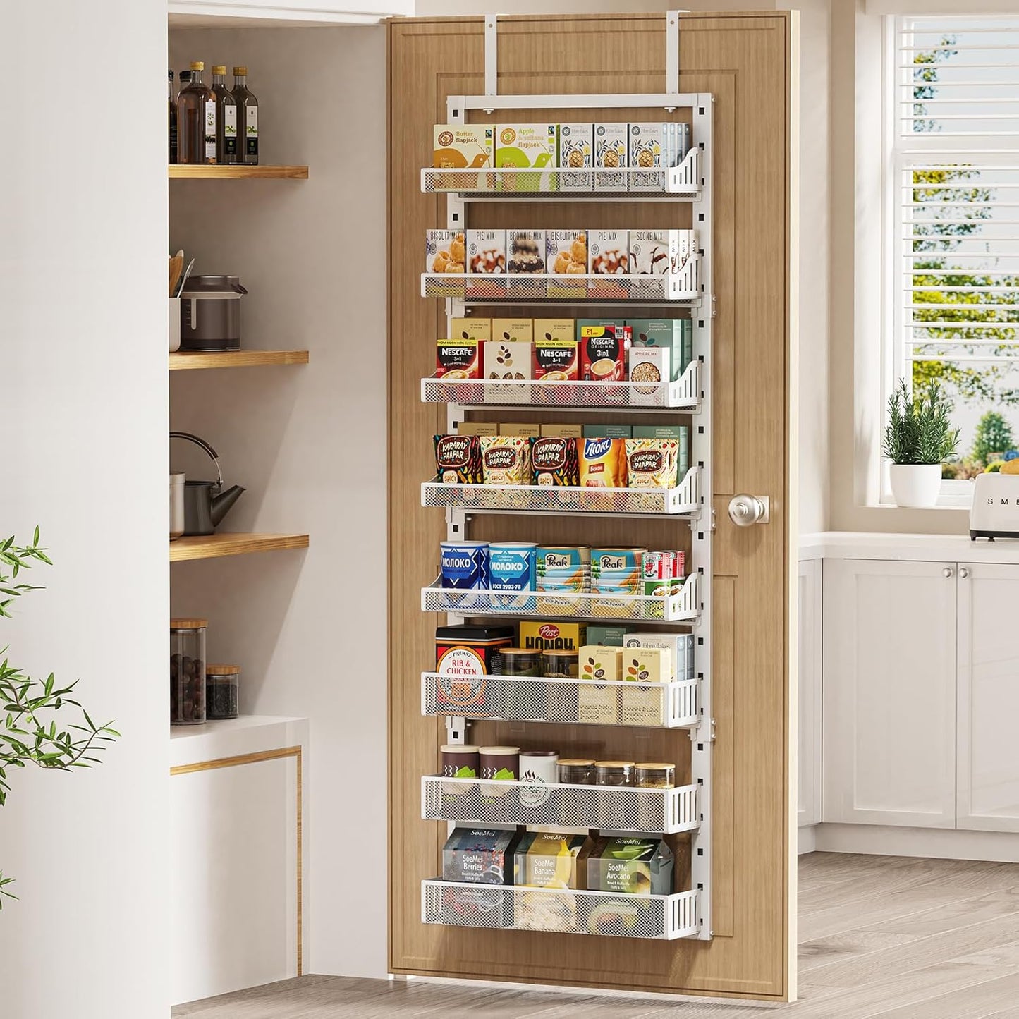 Over the Door Pantry Organizer 8-Tier, Large Metal Door Spice Rack with Adjustable Basket